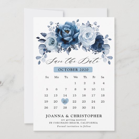 Save The Date Calendrier botanique floral en bleu ardoise poussi (Devant)