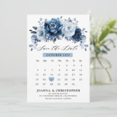 Save The Date Calendrier botanique floral en bleu ardoise poussi (Debout devant)