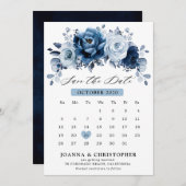 Save The Date Calendrier botanique floral en bleu ardoise poussi (Devant / Derrière)
