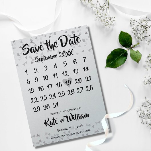Save The Date Calendrier Coeur d'amour argent