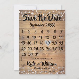 Save The Date Calendrier cœur d'amour en argent rustique Enregis