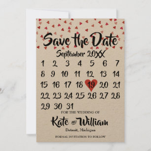 Save The Date Calendrier Coeur d'Amour Rouge Rubis Rustique Épar