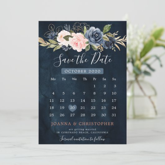 Save The Date Calendrier de la Marine Blue Blush Rose Rose Boho (Debout devant)