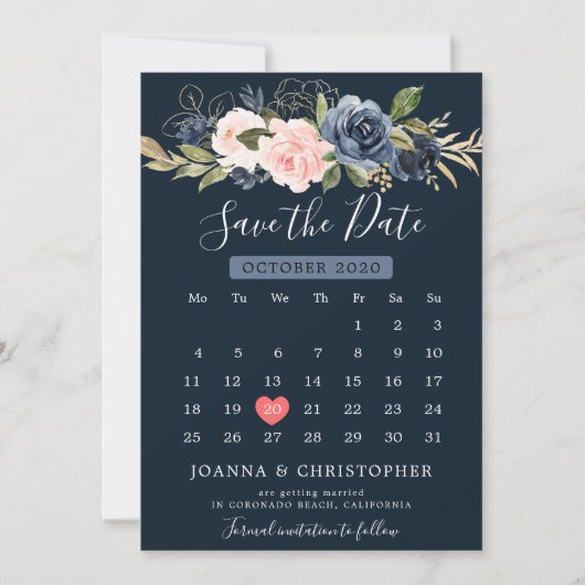 Save The Date Calendrier de la Marine Blue Blush Rose Rose Boho (Devant)