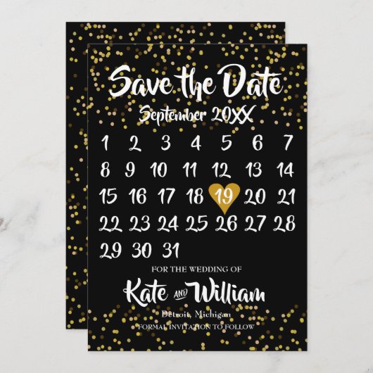 Save The Date Calendrier de l'amour cœur en or pour sauvegarder  (Devant / Derrière)