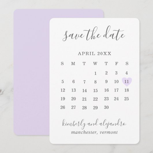 Save The Date Calendrier de mariage cœur violet mignon simple (Devant / Derrière)
