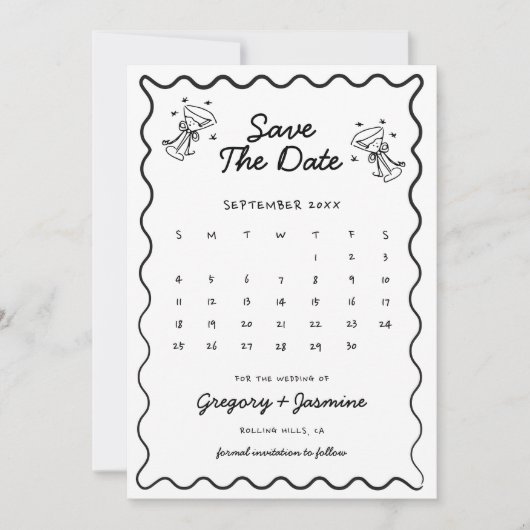 Save The Date Calendrier de mariage fantaisiste dessiné à la mai (Devant)
