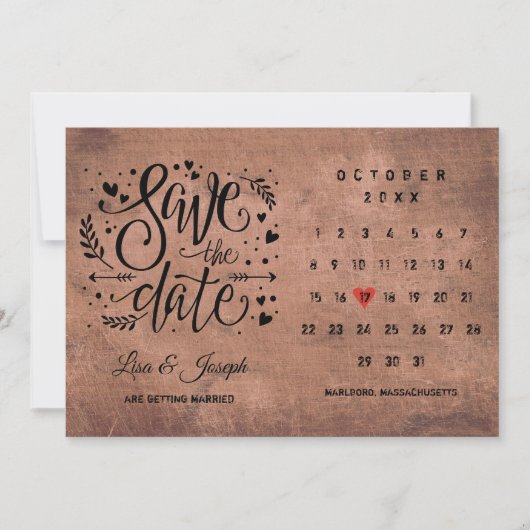 Save The Date Calendrier de mise en vente de date en bois rustiq (Devant)