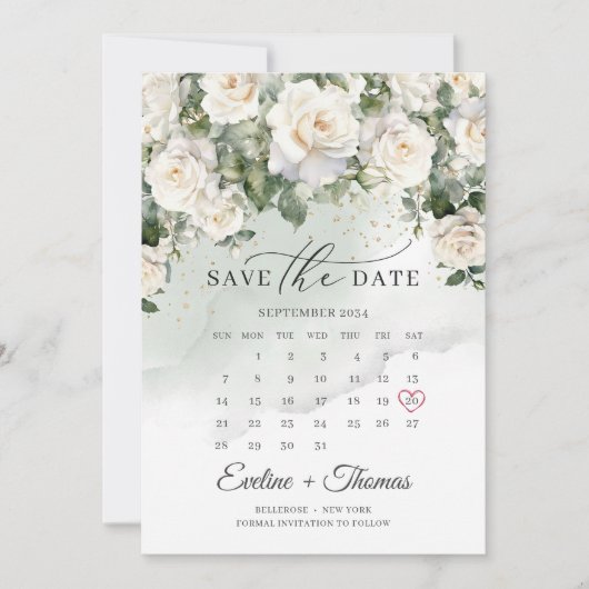 Save The Date Calendrier du mois des roses blanches modernes et (Devant)