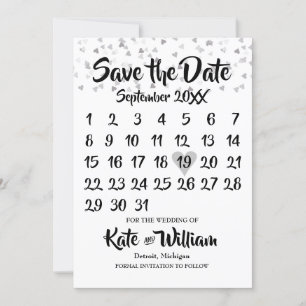 Save The Date Calendrier en Confettis de Cœurs d'Amour Argentés