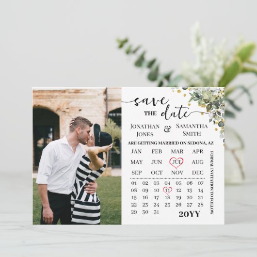 Save The Date Calendrier Eucalyptus Gold Enregistrer le Mariage  (Debout devant)