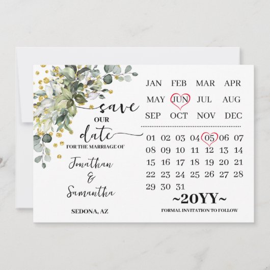 Save The Date Calendrier Eucalyptus Gold Enregistrer notre Maria (Devant)