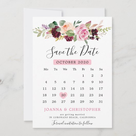Save The Date Calendrier floral botanique rose prune violet blus (Devant)