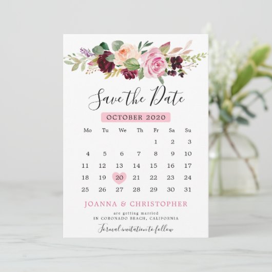 Save The Date Calendrier floral botanique rose prune violet blus (Debout devant)