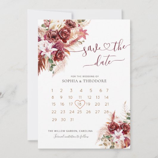 Save The Date Calendrier floral Bourgogne et Blush (Devant)