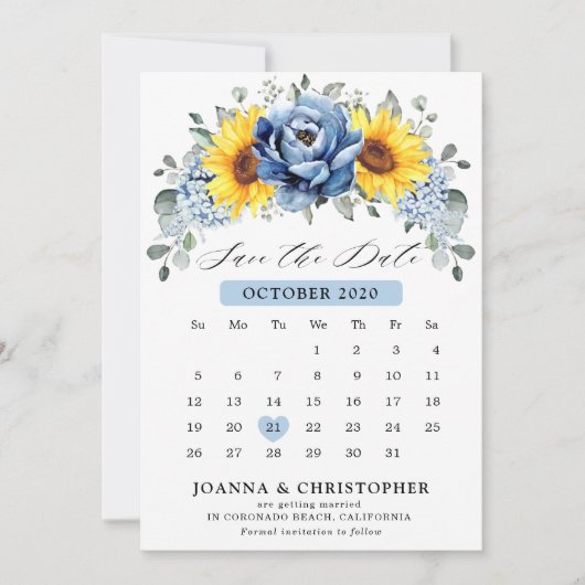 Save The Date Calendrier floral de pivoine ardoise bleu poussiér (Devant)