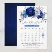 Save The Date Calendrier floral métallisé bleu royal blanc argen (Devant / Derrière)