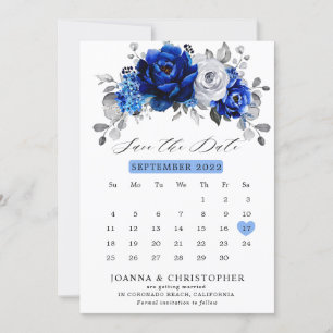 Save The Date Calendrier floral métallisé bleu royal blanc argen