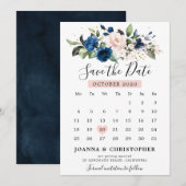 Save The Date Calendrier floral Rose Fushia Bleu Marine (Devant / Derrière)
