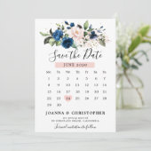 Save The Date Calendrier floral Rose Fushia Bleu Marine (Debout devant)
