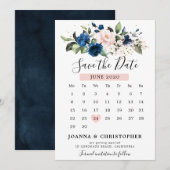 Save The Date Calendrier floral Rose Fushia Bleu Marine (Devant / Derrière)