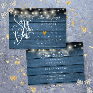 Save The Date Calendrier Gold Heart Rustic Blue Wood Mariage