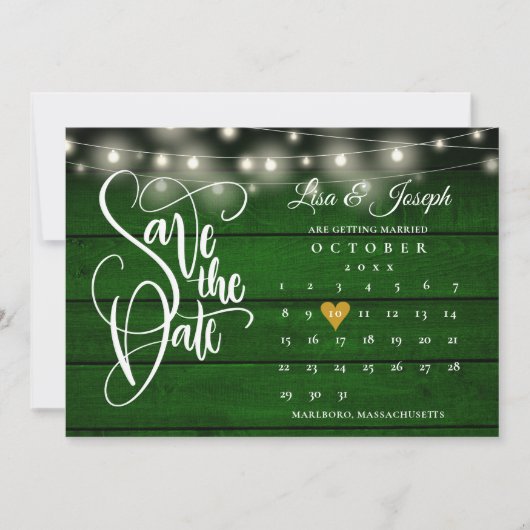 Save The Date Calendrier Gold Heart Rustic Emerald Mariage (Devant)