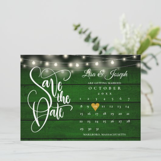 Save The Date Calendrier Gold Heart Rustic Emerald Mariage (Debout devant)