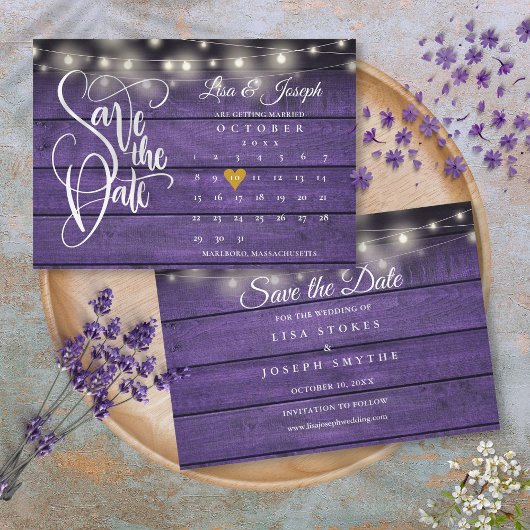 Save The Date Calendrier Gold Heart Rustic Purple Mariage bois