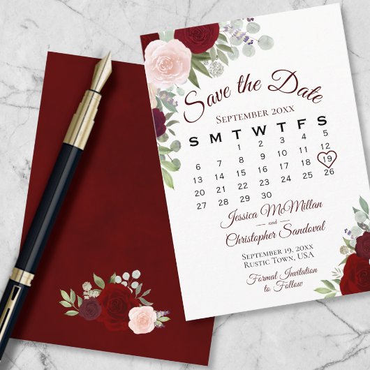 Save The Date Calendrier Mariage Boho élégant Floral Bourgogne