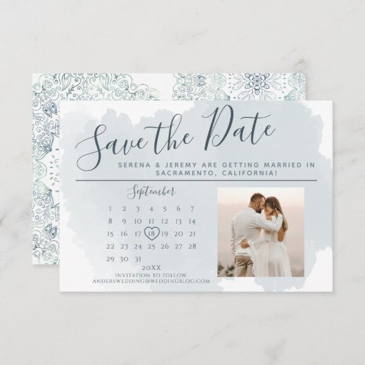 Save The Date Calendrier Mariage moderne Dusty Blue Watercolor (Devant / Derrière)