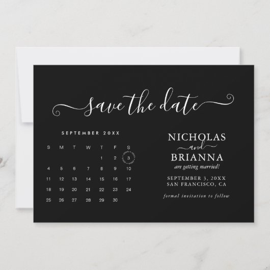 Save The Date Calendrier Mariage noir moderne minimaliste (Devant)