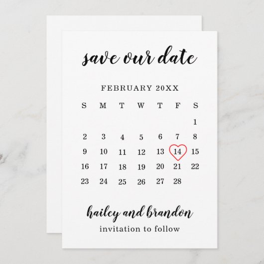 Save The Date Calendrier mignon Coeur rouge Mariage moderne (Devant / Derrière)