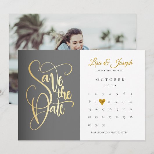 Save The Date Calendrier moderne Gold Love Heart Photo (Devant / Derrière)