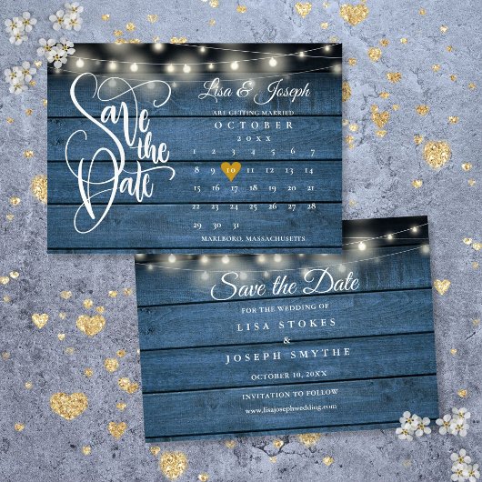 Save The Date Calendrier Or Cœur Rustique Bleu Bois Mariage