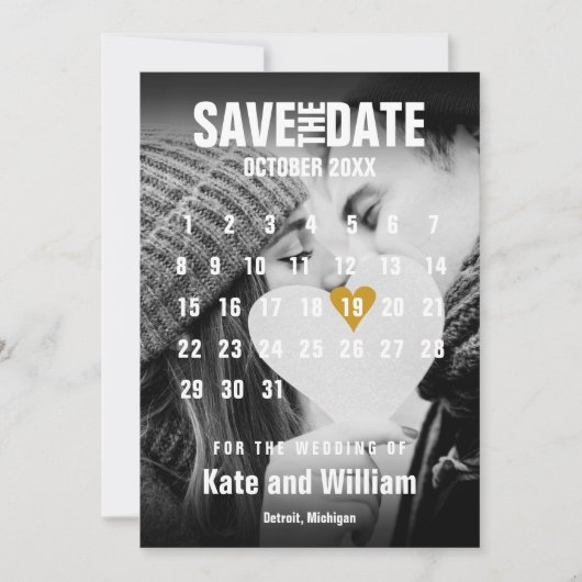 Save The Date Calendrier photo Elegant Gold Heart Moderne (Devant)