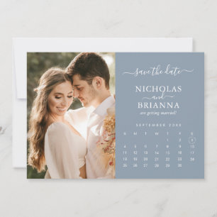 Save The Date Calendrier photo moderne élégant Dusty Blue Mariag