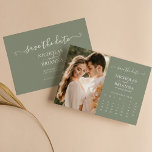 Save The Date Calendrier photo moderne élégant Sage Green Mariag<br><div class="desc">Calendrier photo moderne élégant Sage Green Wedding Enregistrer la date. Personnalisez facilement en remplaçant chaque info. Veuillez télécharger un portrait/une photo verticale. Déplacez le cercle en cliquant plus loin sur la Personnaliser du lien. Vérifiez l'aperçu avant d'ajouter au panier. (Photo de Jonathan Borba de Pexels)</div>