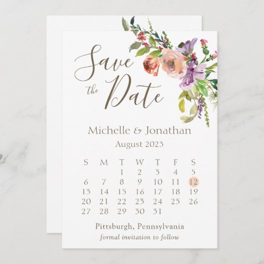 Save The Date Calendrier Photo Sage Green Boho Fleurs Mariage (Devant / Derrière)