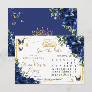 Save The Date Calendrier Quinceañera Fleurs de Roses Bleu Royal