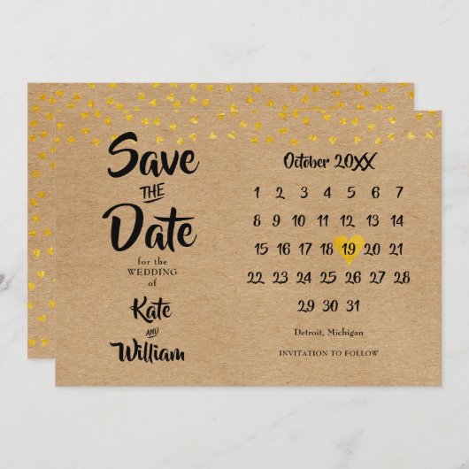 Save The Date Calendrier Rustique Boho Elegant Gold Heart (Devant / Derrière)