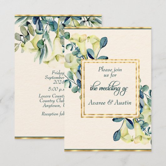 Save The Date Calla des marais blanc et Eucalyptus (Devant / Derrière)