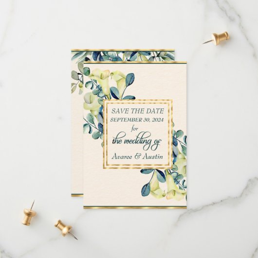 Save The Date Calla Lily et Eucalyptus blancs (Devant/Arrière en situation)