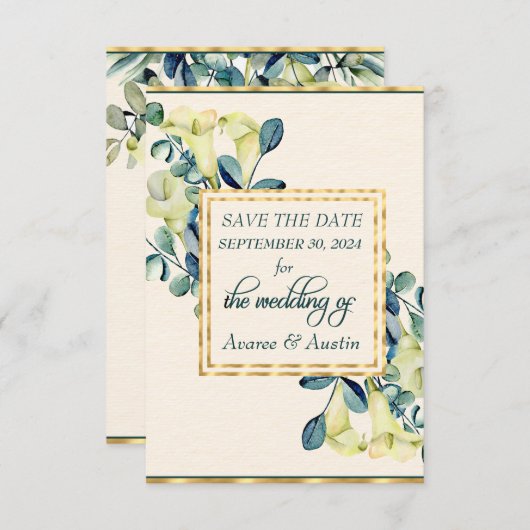 Save The Date Calla Lily et Eucalyptus blancs (Devant / Derrière)