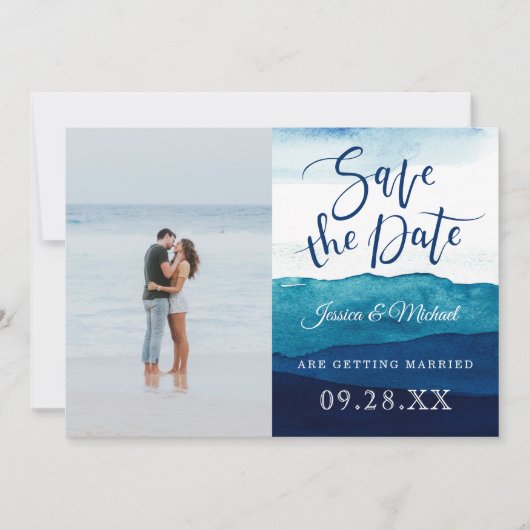 Save The Date Calligraphie Aquarelle Marine Photo Bleu Profond (Devant)