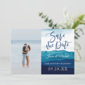 Save The Date Calligraphie Aquarelle Marine Photo Bleu Profond (Debout devant)