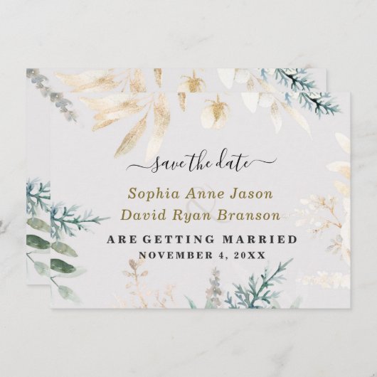 Save The Date Calligraphie de mariage feuilles d'or de verdure é (Devant / Derrière)