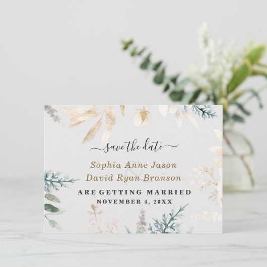 Save The Date Calligraphie de mariage feuilles dorées verdure él (Debout devant)