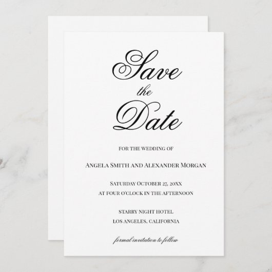 Save The Date Calligraphie de script fantaisie noir et blanc (Devant / Derrière)