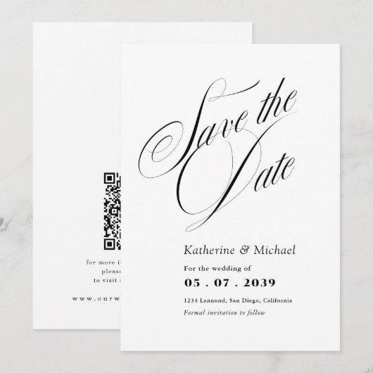Save The Date Calligraphie de script romantique Code QR Mariage (Devant / Derrière)